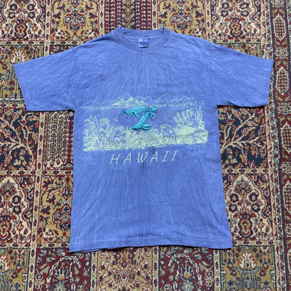 VTG 90s Murina Mens M Hawaii Embroidered whale‎ pattern Tie Dye T Shirt USA blue